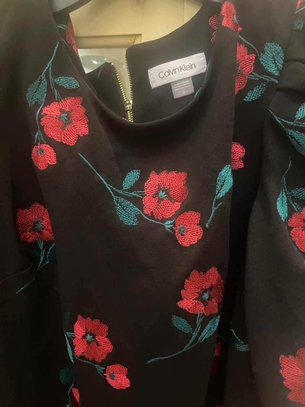 Calvin Klein Black Dress with Red Floral & Teal Leaves Embroidery